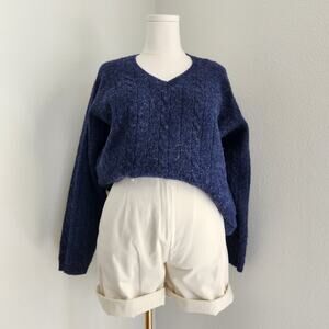 Vintage 90s Navy Wool Cable Knit V Neck Pullover Sweater Express Bleus Preppy L